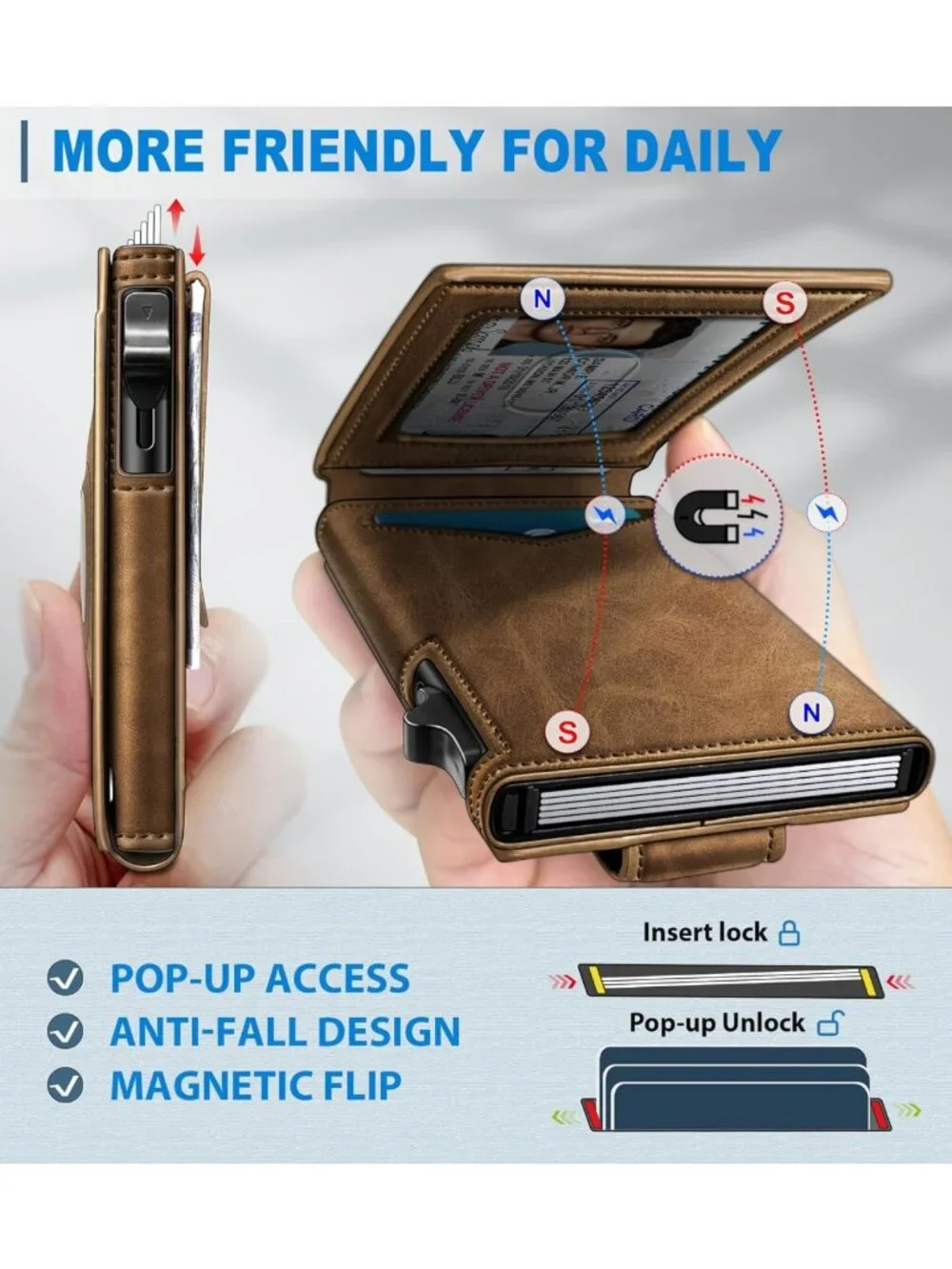 Men's RFID Blocking Money Clip Wallet - 9-Card Pop-Up Holder, ID Window